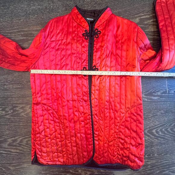 Vintage Neiman-Marcus Quilted Satin Jacket Frog Closures Mandarin Collar M Red - Picture 12 of 16
